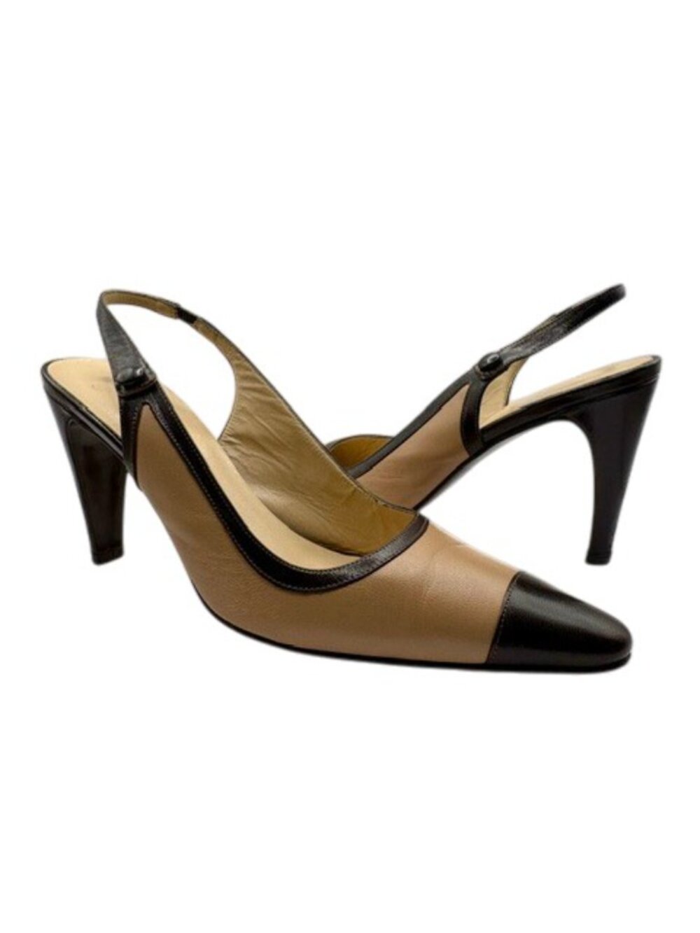 Vintage Coach Biege Black Two-Tone Cap Toe Slingback Leather Pumps 8.5B Italy